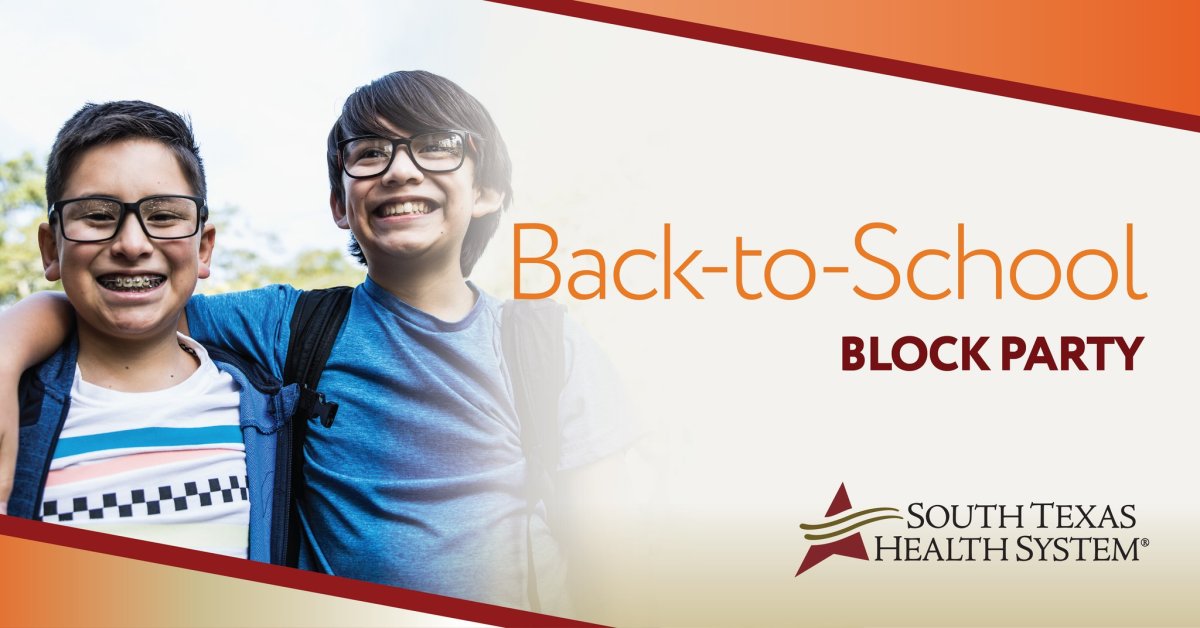 Two children with backpacks on a graphic that says back to school block party